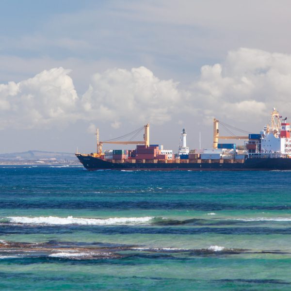 A large container ship enters Port Philip Bay near Point Nepean enroute to Melbourne Australia